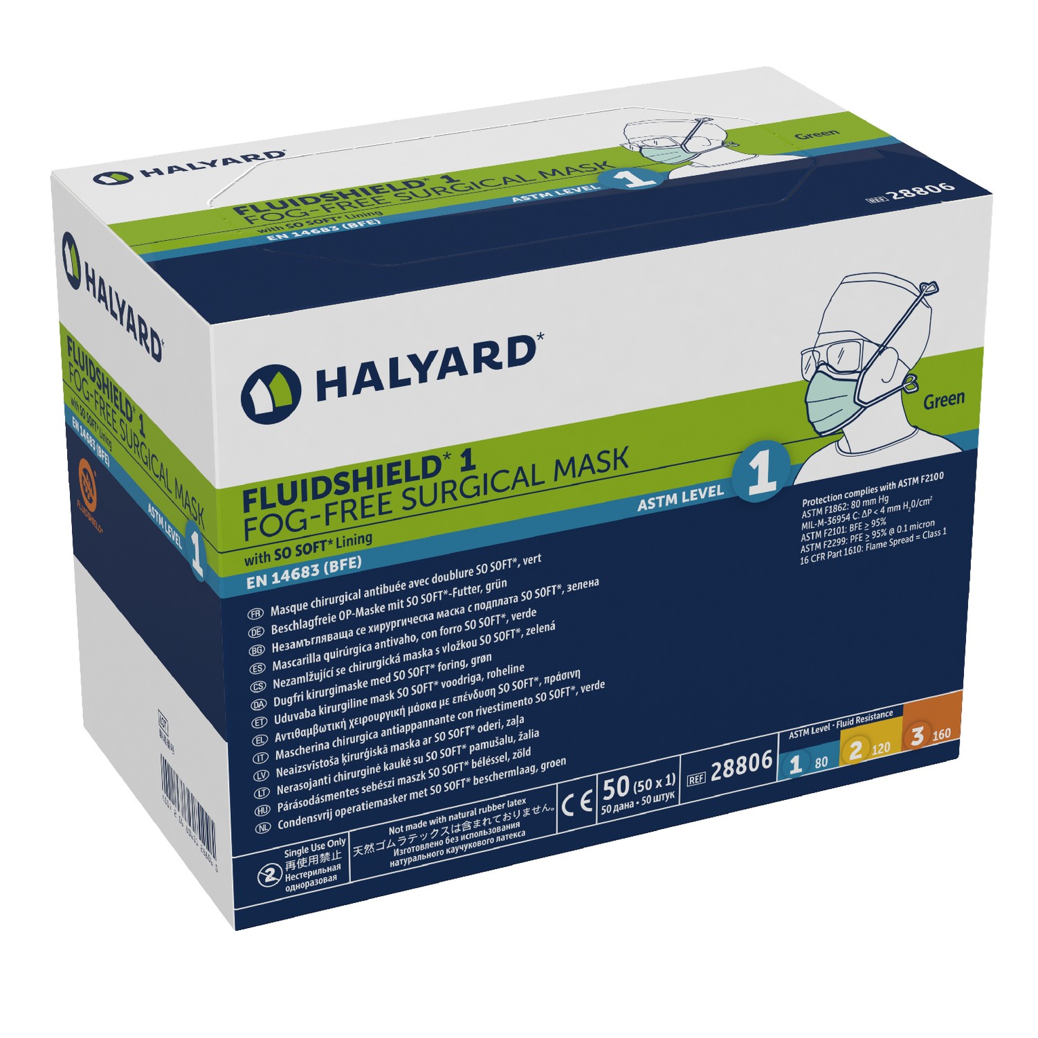 28806 Halyard® Fluidshield® Level 1 Anti-Fog So-Soft® Surgical Masks